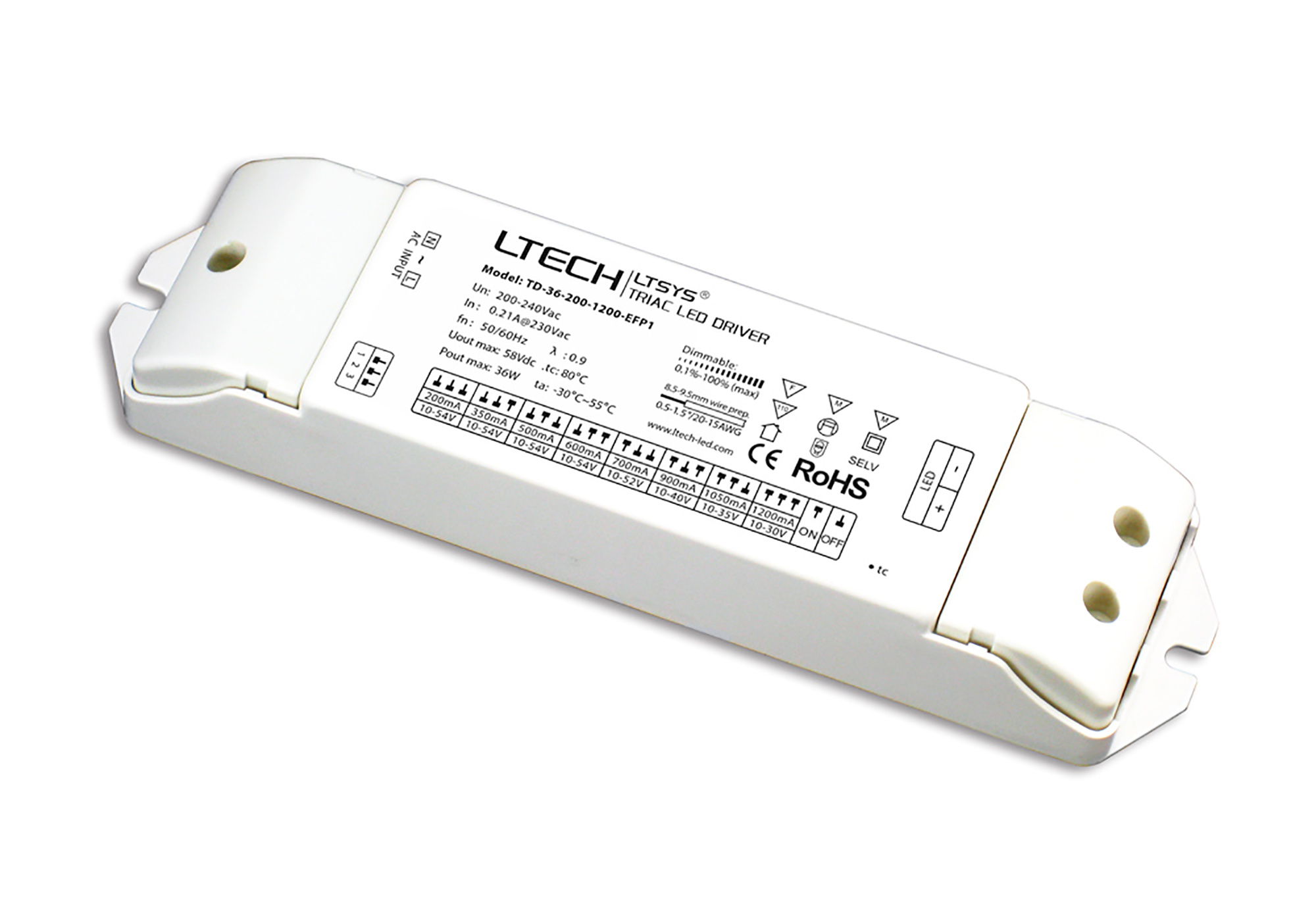 TD-36-200-1200-EFP1  Triac/ELV Dimmable, 2W-36W, CC Dimmable Driver, 200/350/500/700/900/1050/1200mA, DC:10-54V,IP20.